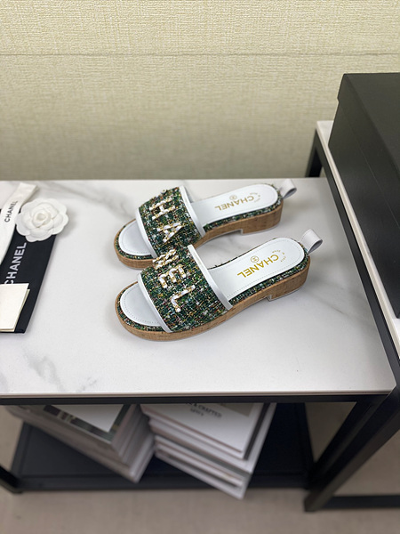 샤넬 로고 트위드 슬리퍼