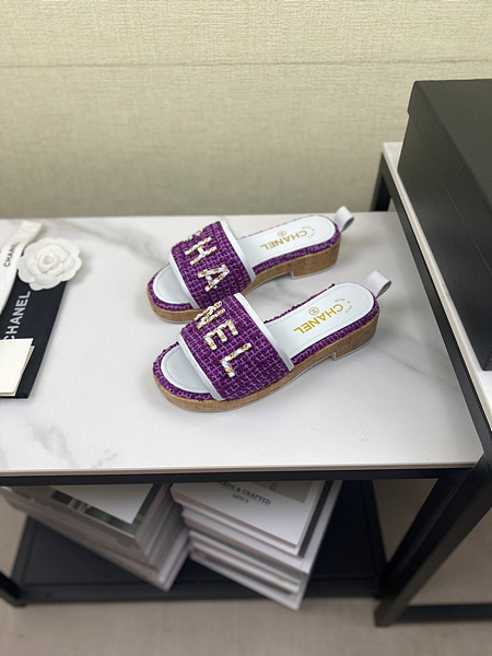 샤넬 로고 트위드 슬리퍼