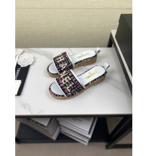 샤넬 로고 트위드 슬리퍼