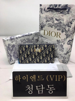 디올 CD 오블리크 로고 패턴 지퍼 장지갑