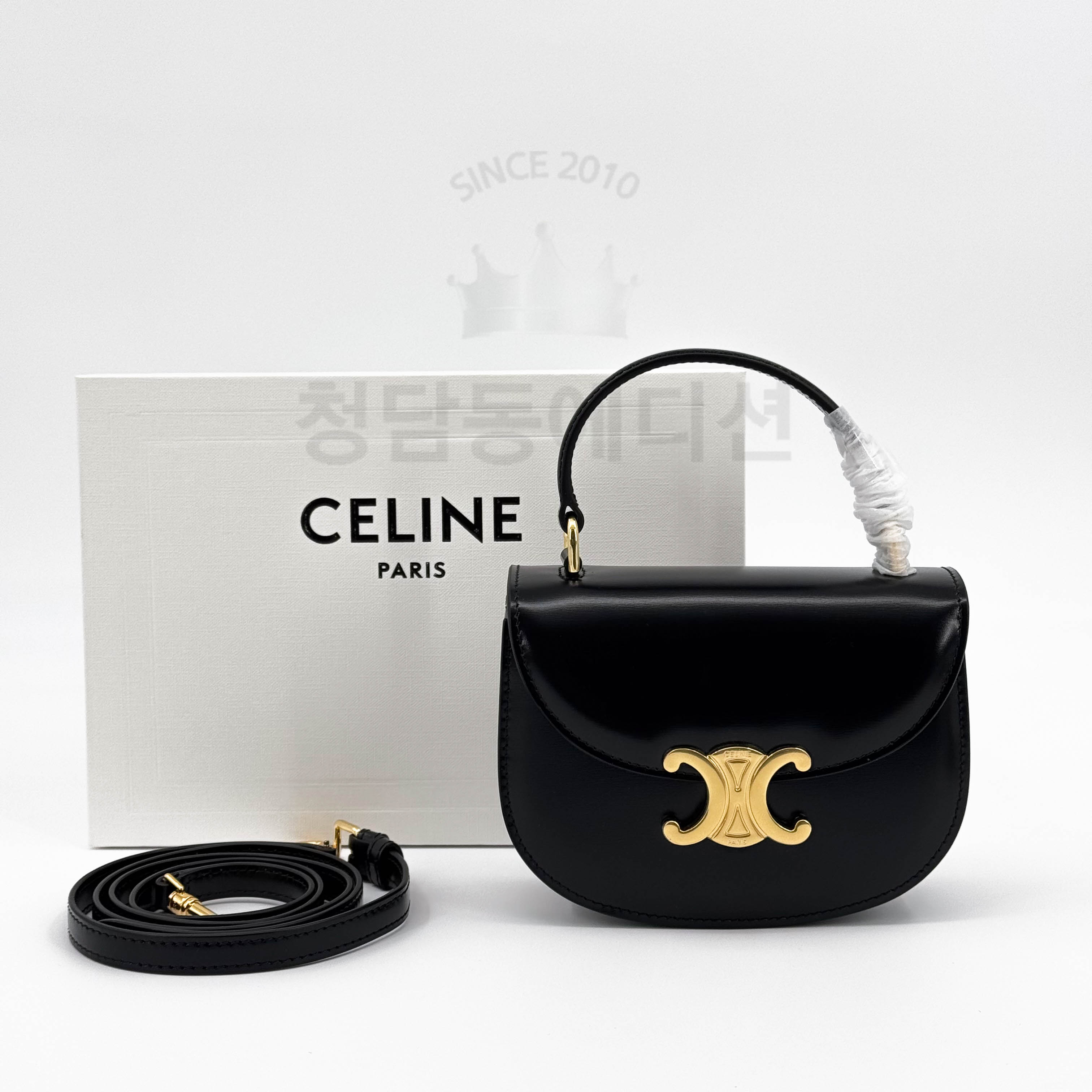 셀린느 미니 베사체 트리오페 샤이니 카프스킨 블랙