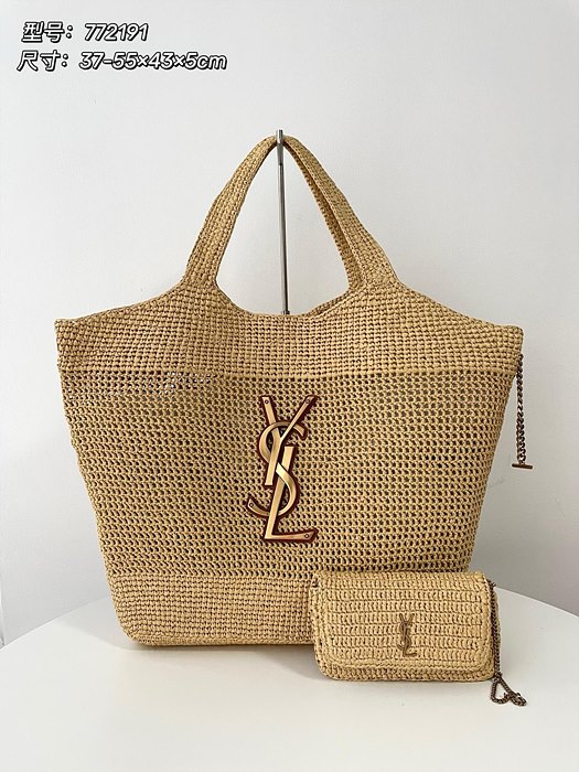 입생로랑 라피아 크로셰 및 빈티지 베지터블 태닝 가죽 소재의 아이케어 맥시 쇼퍼백