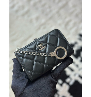 샤넬 클래식 램스킨 CC로고 키링 지퍼 카드지갑 은장