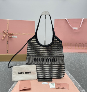 미우미우 우븐 패브릭 린넨 토트백
