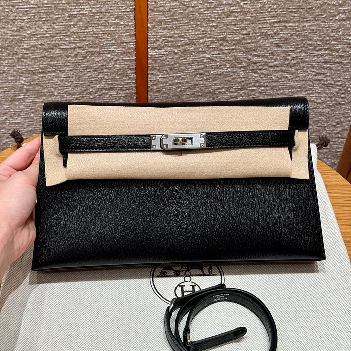 에르메스 켈리 엘란 올수공 쉐브레 레더 (컬러 누아 은장)