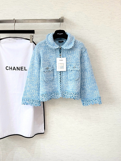 샤넬 레이스 트리밍 트위드 자켓 (컬러 아이보리, 블루)