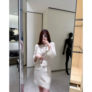 샤넬 레이스 트리밍 트위드 자켓 (컬러 아이보리, 블루)