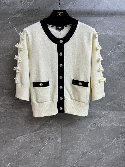 샤넬 리본 슬리브 배색 반팔 가디건 (3COLOR)